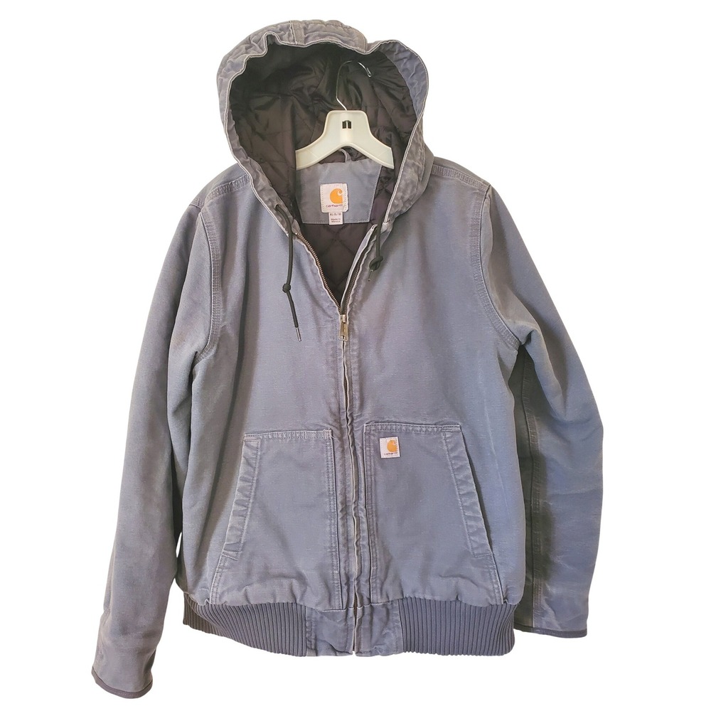 Carhartt Mens Hooded Jacket Size XL 16 18 Blue Quilted Lined Distressed